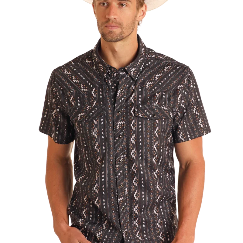 TEK Western Black Striped Aztec Print Short Sleeve Shirt
