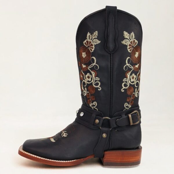 Harness Floral Embroidered Square Toe Boots