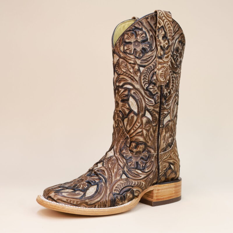 Floral Hand Tooled Lazer Square Toe Boots