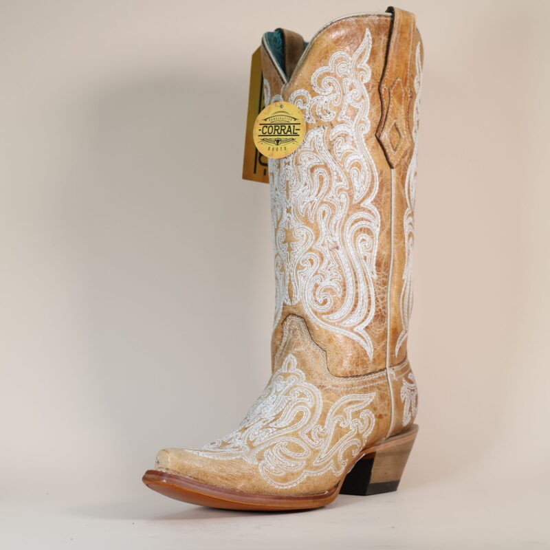 C4144 - WOMEN'S BLUE LUMINESCENT EMBROIDERY CRACKLED STRAW SNIP TOE COWBOY BOOT