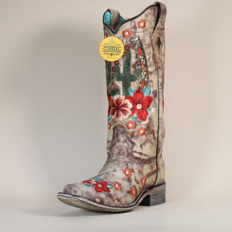 A3769 - WOMEN'S FLORAL CACTUS AND HORSESHOE EMBROIDERY TAUPE SQUARE TOE COWBOY BOOT