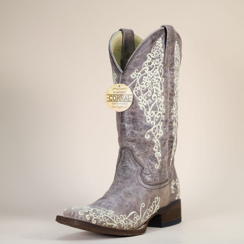 A2663 - WOMEN'S BONE COLOR FLORAL EMBROIDERY SQUARE TOE COWBOY BOOT