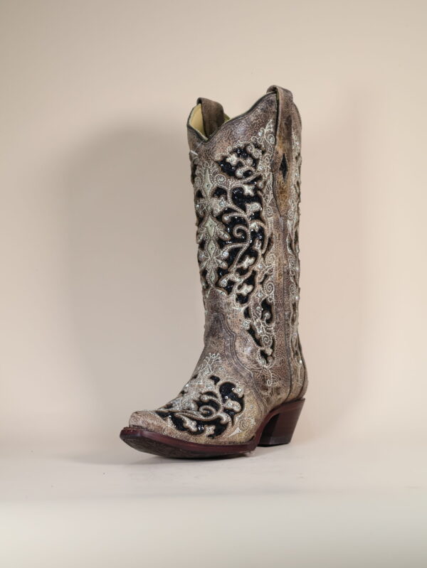 A3569 - WOMEN'S BLACK GLITTER INLAY FLORAL OVERLAY WITH CRYSTALS AND STUDS SNIP TOE BROWN COWBOY BOOT