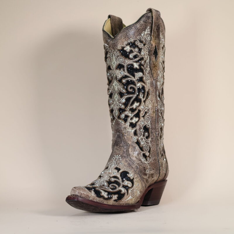 A3569 - WOMEN'S BLACK GLITTER INLAY FLORAL OVERLAY WITH CRYSTALS AND STUDS SNIP TOE BROWN COWBOY BOOT