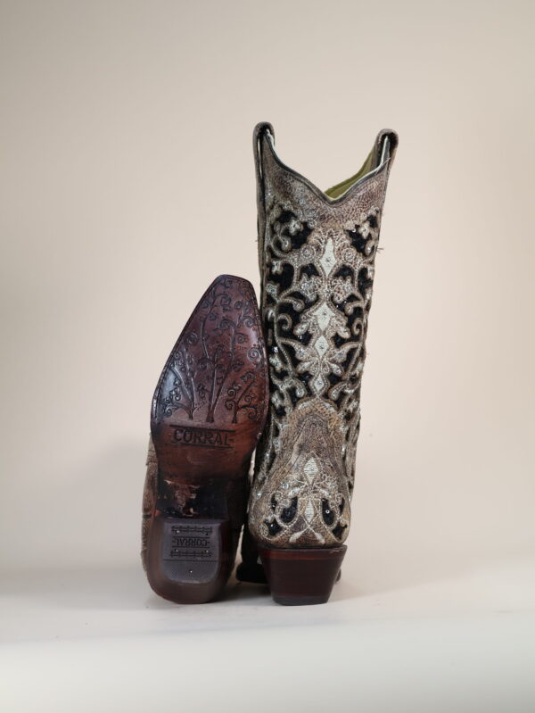 A3569 - WOMEN'S BLACK GLITTER INLAY FLORAL OVERLAY WITH CRYSTALS AND STUDS SNIP TOE BROWN COWBOY BOOT