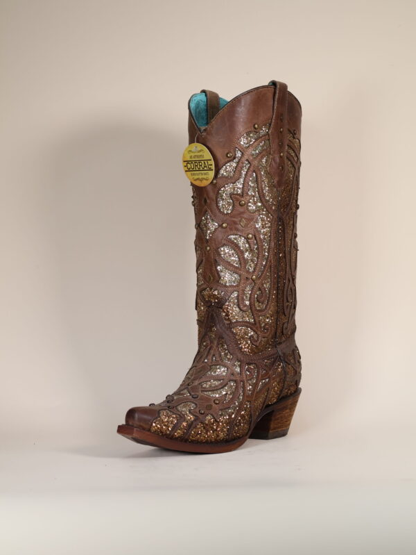 C3331 - WOMEN'S ORIX GLITTERED INLAY AND STUDS BROWN SNIP TOE COWBOY BOOT