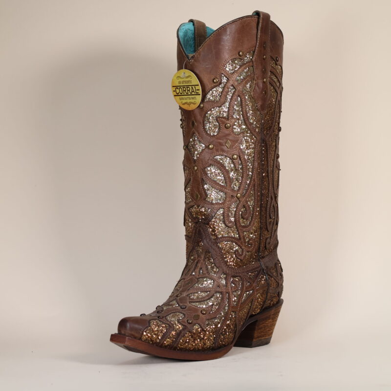C3331 - WOMEN'S ORIX GLITTERED INLAY AND STUDS BROWN SNIP TOE COWBOY BOOT