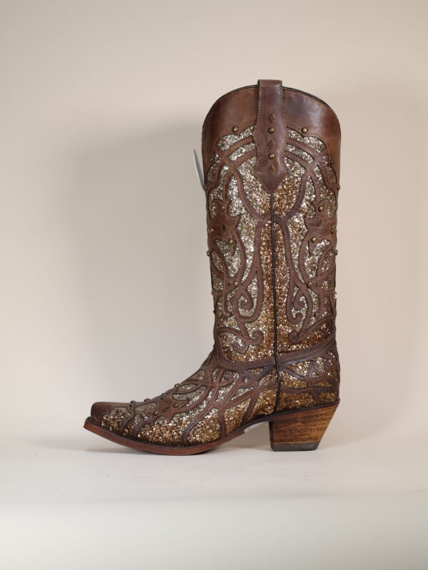 C3331 - WOMEN'S ORIX GLITTERED INLAY AND STUDS BROWN SNIP TOE COWBOY BOOT