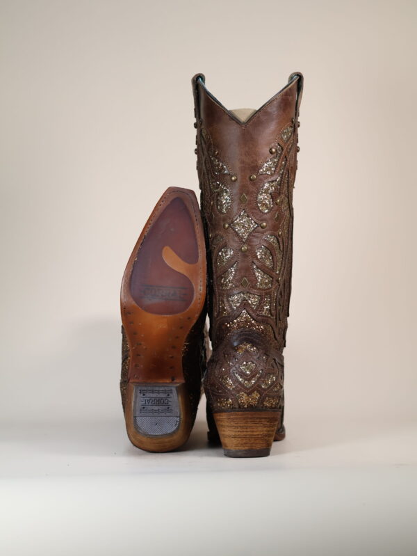 C3331 - WOMEN'S ORIX GLITTERED INLAY AND STUDS BROWN SNIP TOE COWBOY BOOT