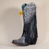 C3877 - WOMEN'S OVERLAY BLACK EMBROIDERY LAMB FRINGE WHITE SNIP TOE COWBOY BOOT