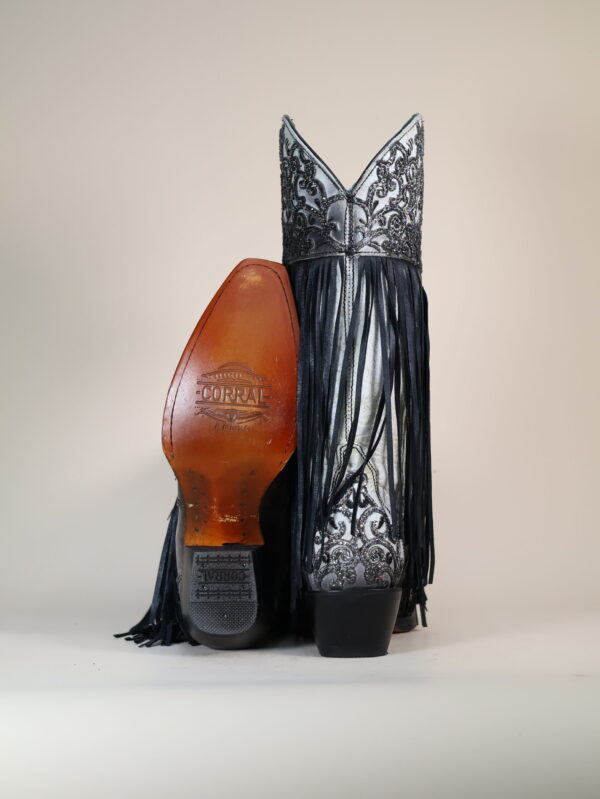 C3877 - WOMEN'S OVERLAY BLACK EMBROIDERY LAMB FRINGE WHITE SNIP TOE COWBOY BOOT