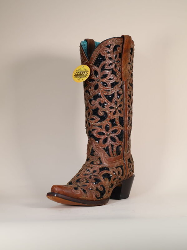 IMG_5555-scaled-1.jpg A4083 - WOMEN'S BLACK GLITTER INLAY FLORAL OVERLAY WITH CRYSTALS AND STUDS BROWN SNIP TOE COWBOY BOOT