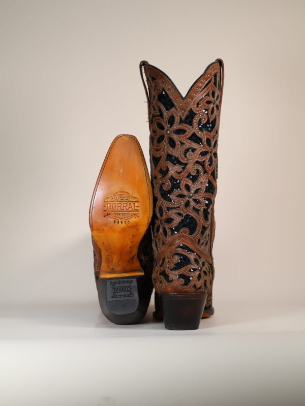 IMG_5558-scaled-1.jpg A4083 - WOMEN'S BLACK GLITTER INLAY FLORAL OVERLAY WITH CRYSTALS AND STUDS BROWN SNIP TOE COWBOY BOOT