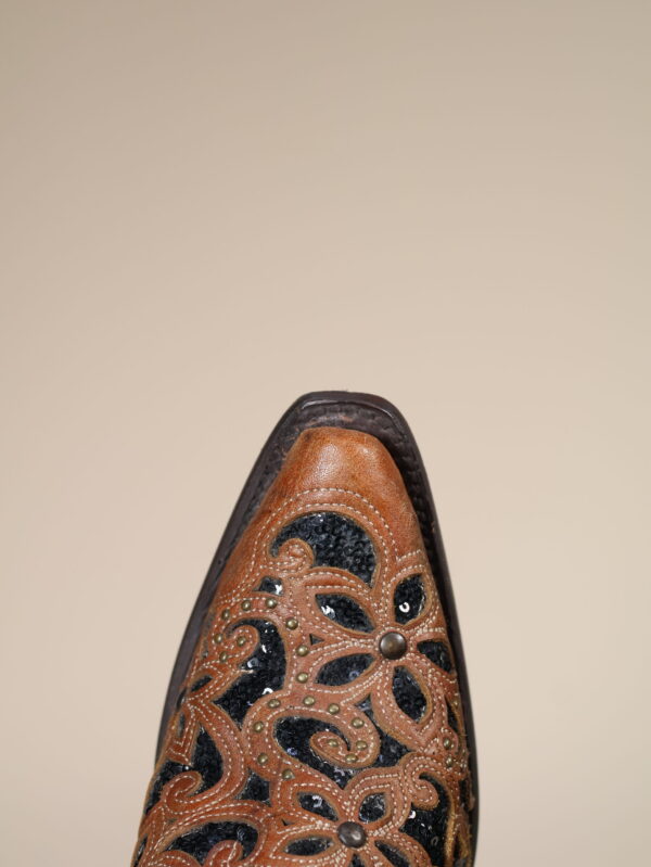 IMG_5592-scaled-1.jpg A4083 - WOMEN'S BLACK GLITTER INLAY FLORAL OVERLAY WITH CRYSTALS AND STUDS BROWN SNIP TOE COWBOY BOOT