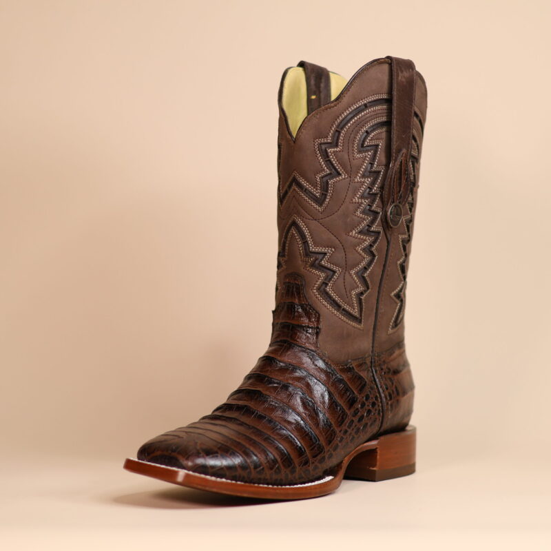 Caiman Belly Lacer Cut Square Toe Boots Brown