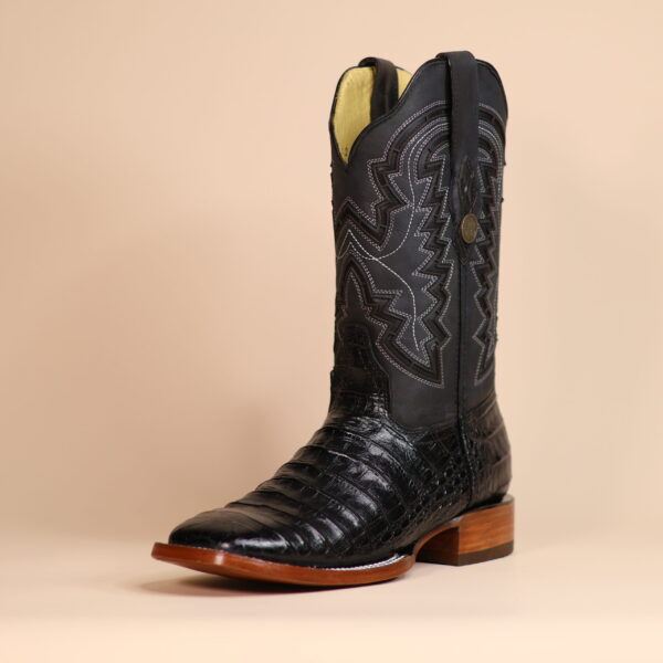 Caiman Belly Lacer Cut Square Toe Boots Black