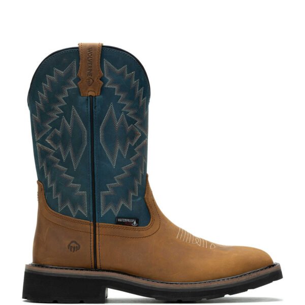 Wolverine Men's Rancher Arrow Tan and Blue Waterproof Wide Square Steel Toe Work Boots